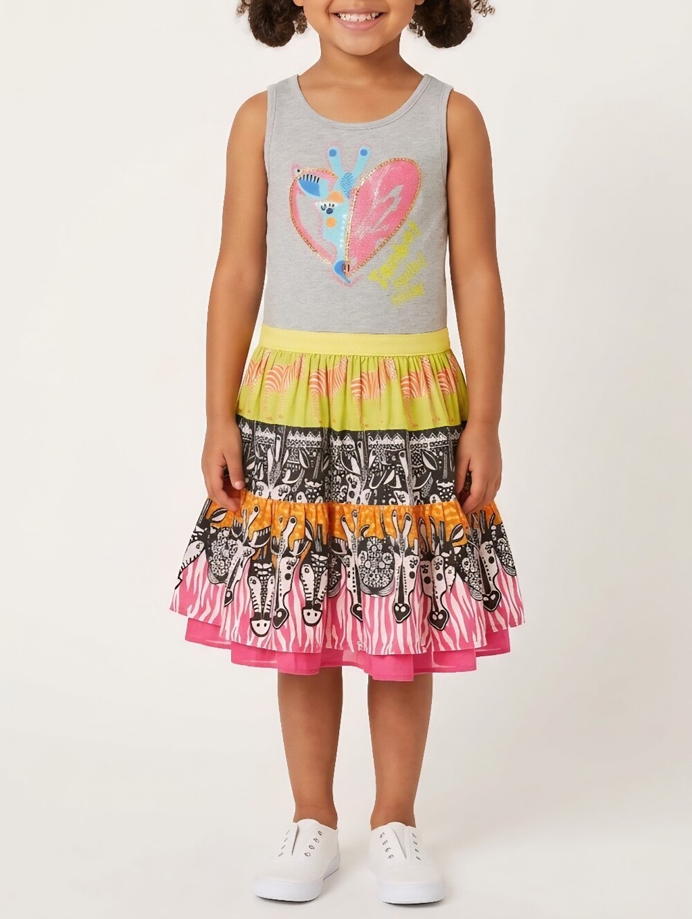 Desigual Girls' Kampala Tiered Giraffe Zebra Print Sleeveless Tank Dress